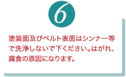 塗装面及びベルト表面はシンナー等で洗浄しないでください。はがれ、腐食の原因になります。